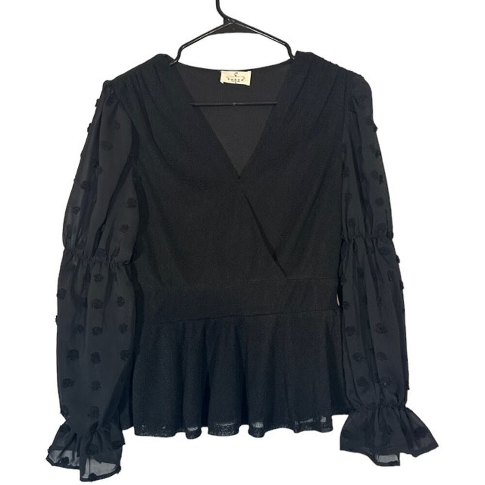 Ember Black V-Neck Sheer Swiss Dot Sleeve Dressy Formal Blouse Women Sz S